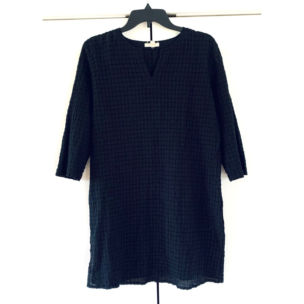 Eileen Fisher Black Tunic Blouse Organic Cotton 3/4 Sleeve Grid Cover Up Small